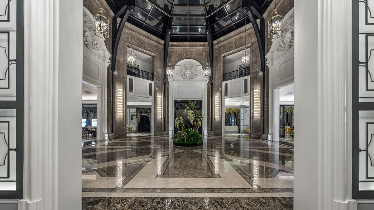 Commercial interior design with marble detailing for Poly Garden Presentation Center
