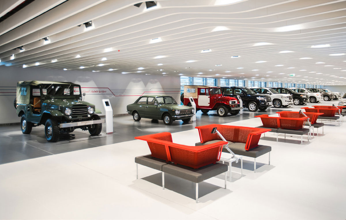 Retail interior design for Toyota car showroom with cars on display