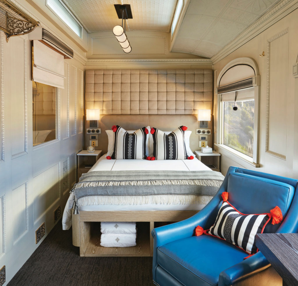 Interior of bedroom on board the Interior of private passenger carriage for the Belmond Andean Explorer train 