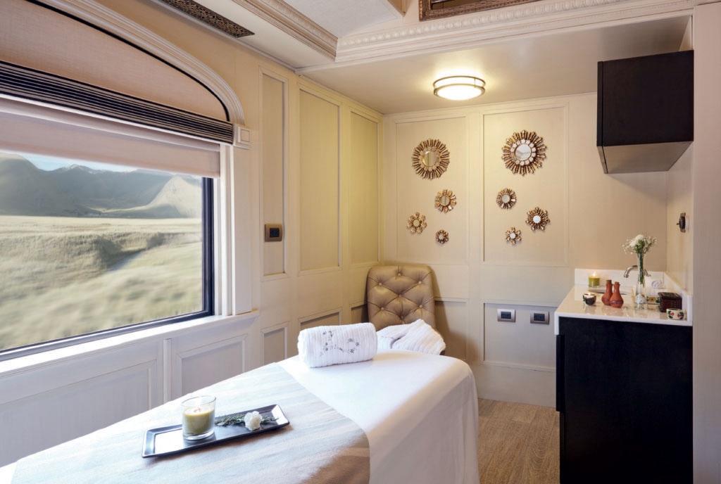 Luxury massage room interior on board the Belmond Andean Explorer train