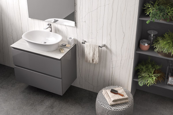 Product news featuring bathroom interior with RAK Ceramics' RAK Previous wash basin