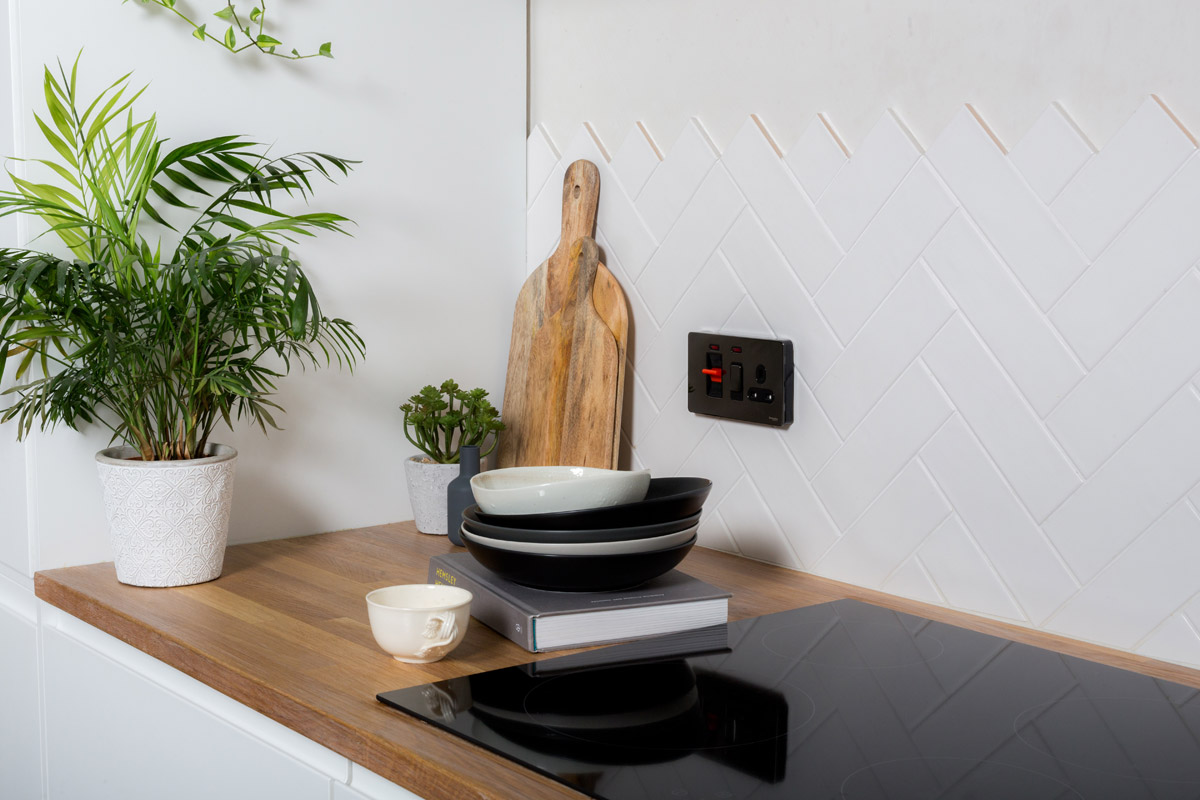 Modern kitchen design with Schneider Electric electrical fitting