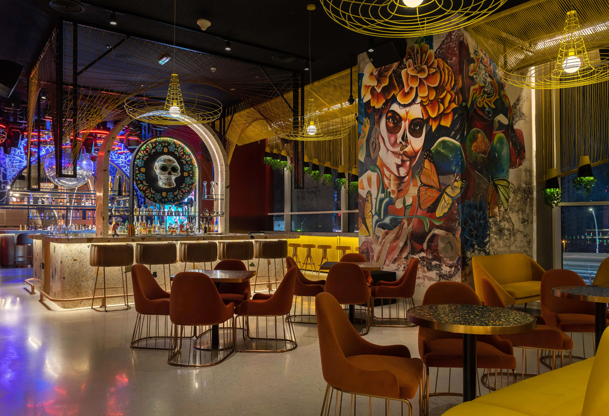 cgi restaurant design, A Boulevard of Restaurants and Bars that Transform into Party Venues