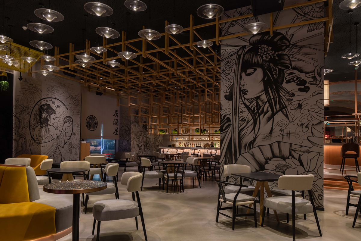 cgi restaurant design, A Boulevard of Restaurants and Bars that Transform into Party Venues