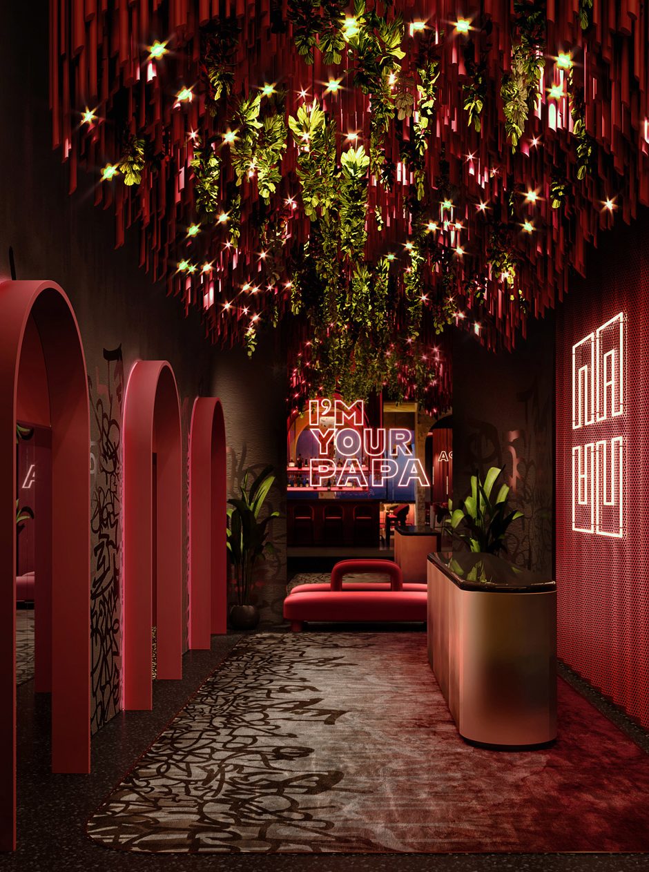 cgi restaurant design, A Boulevard of Restaurants and Bars that Transform into Party Venues