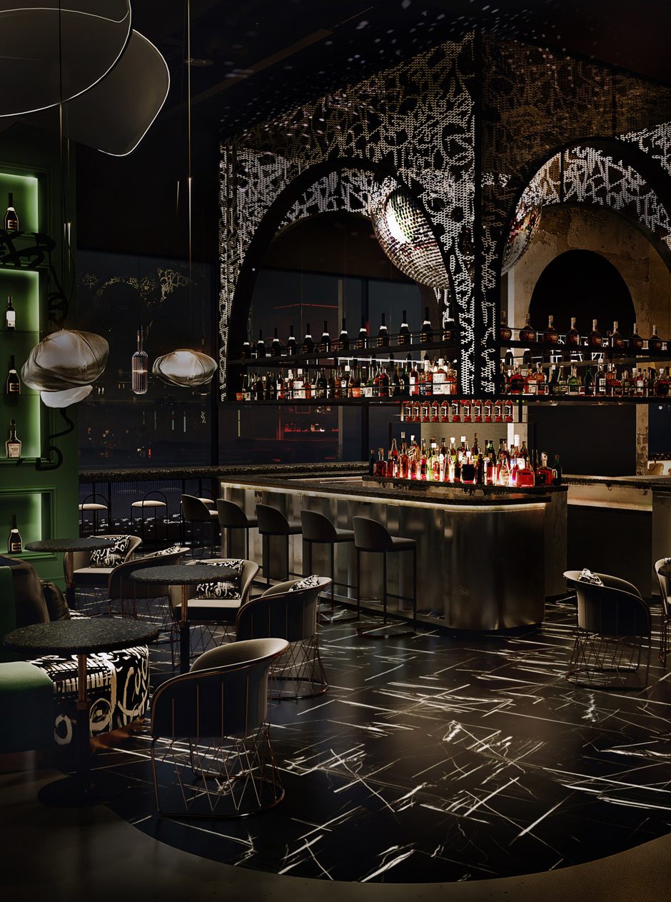 cgi restaurant design, A Boulevard of Restaurants and Bars that Transform into Party Venues