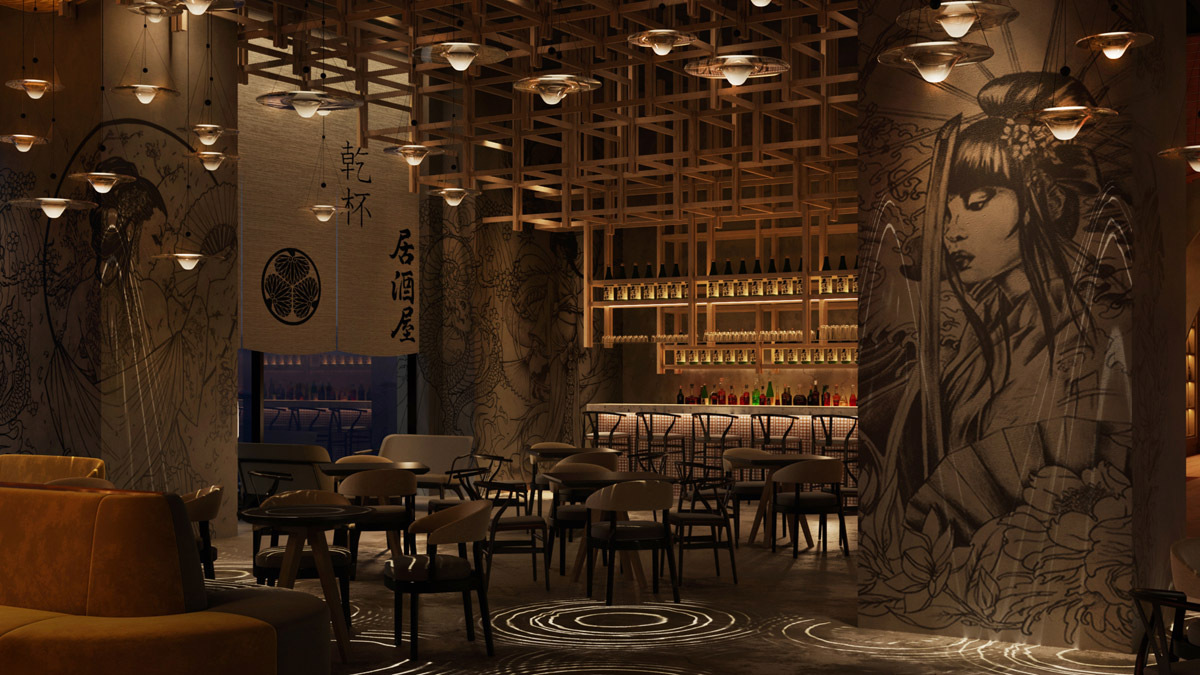 cgi restaurant design, A Boulevard of Restaurants and Bars that Transform into Party Venues
