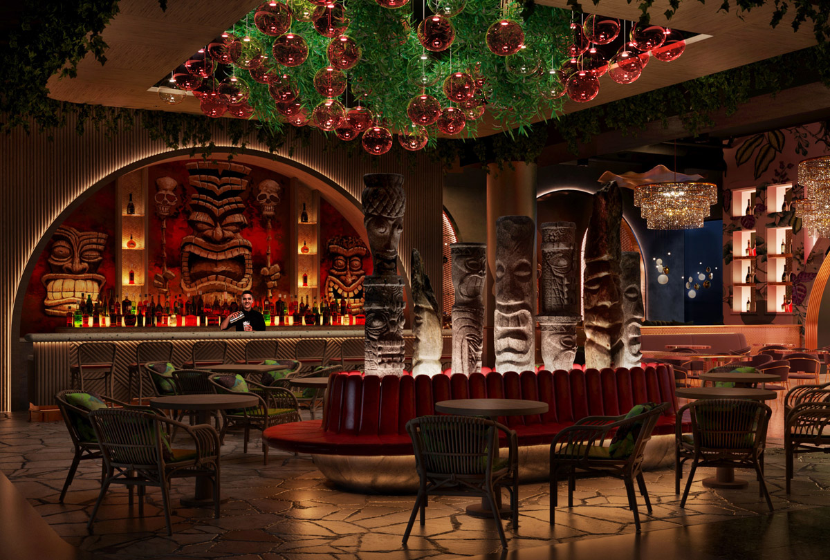 cgi restaurant design, A Boulevard of Restaurants and Bars that Transform into Party Venues