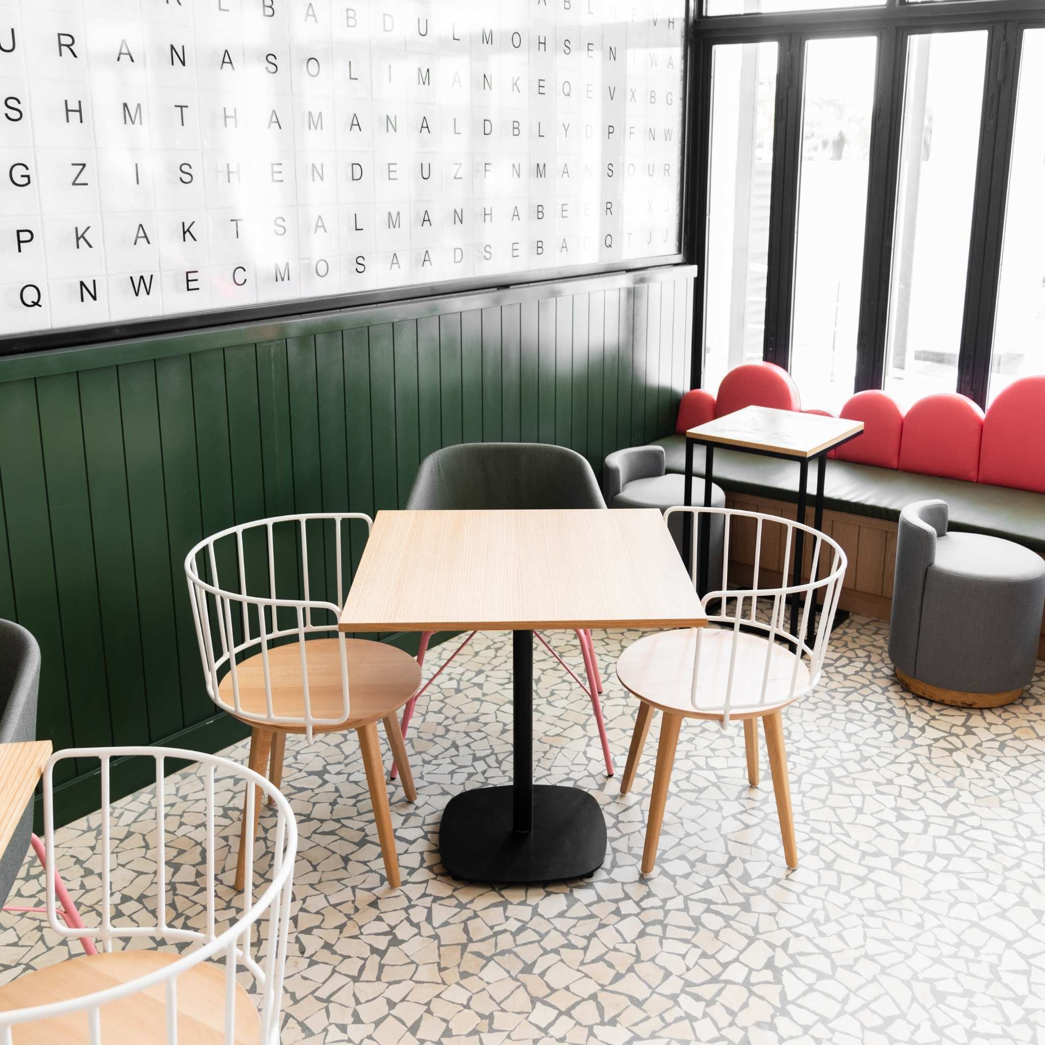 hotel interiors carpets, Café Design Combines a Variety of Styles for a Bright and Fun Look