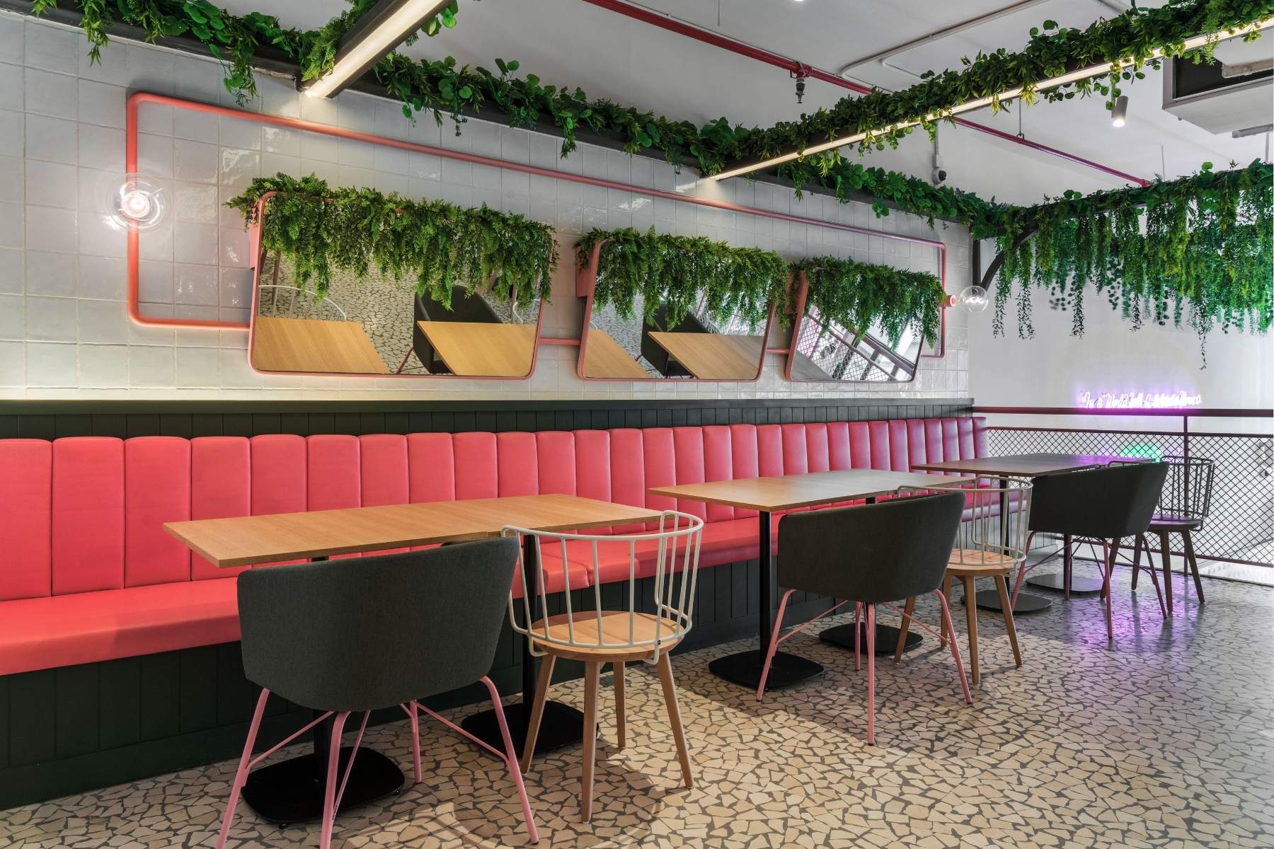 hotel interiors carpets, Café Design Combines a Variety of Styles for a Bright and Fun Look