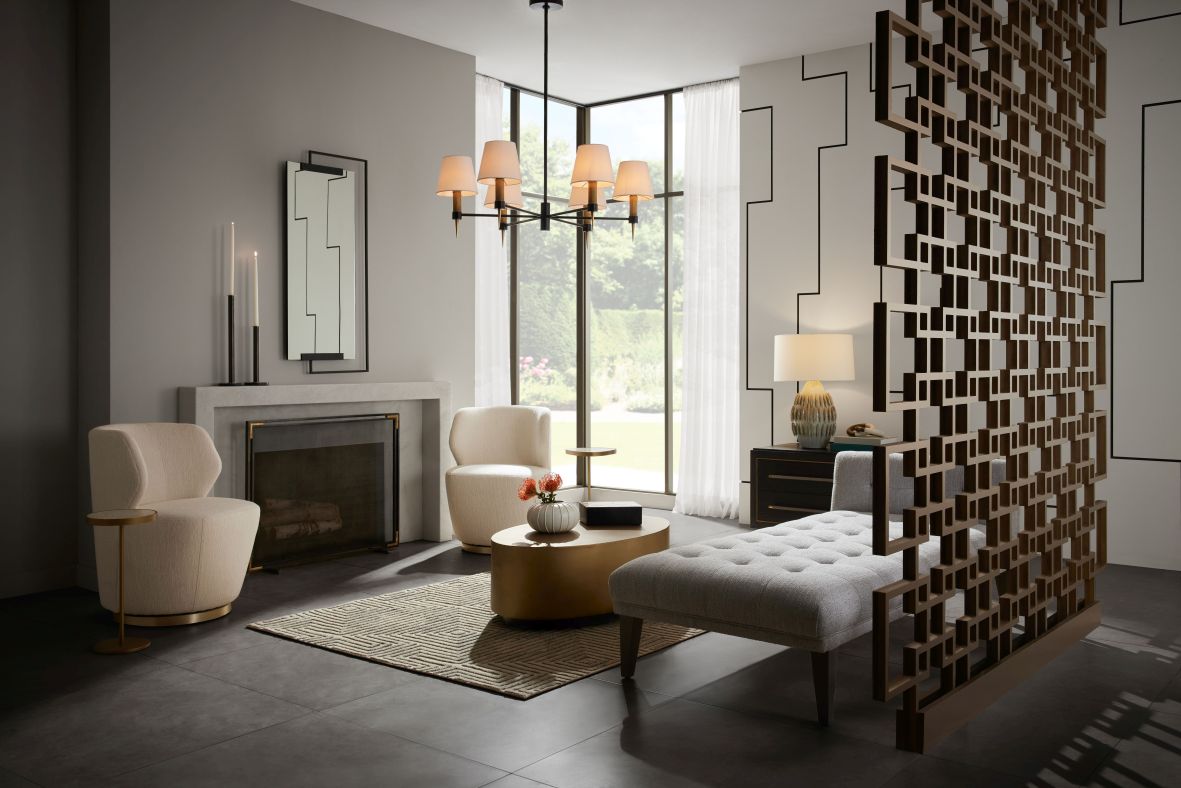 Arteriors, Phaedra Chaise Platinum Boucle Grey Ash £7,769, Roma Chandelier £1,243