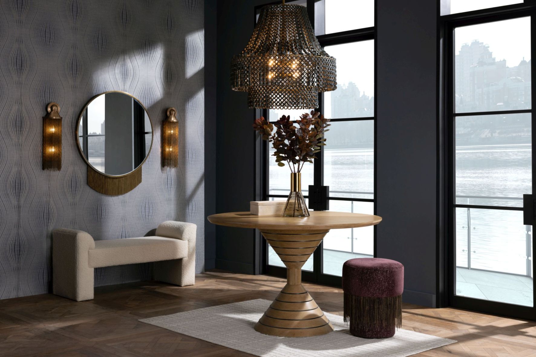 Arteriors, Wilken Entry Table £8,080 and Twyla Ottoman, £1,709