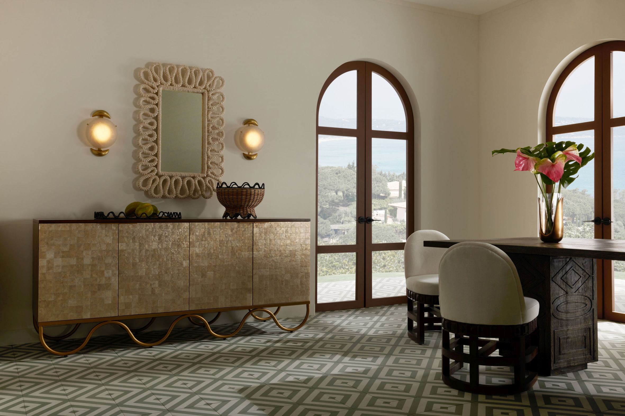 Arteriors x Laura Kirar SS24 Mar credenza £13,984, Caracol mirror £1,476