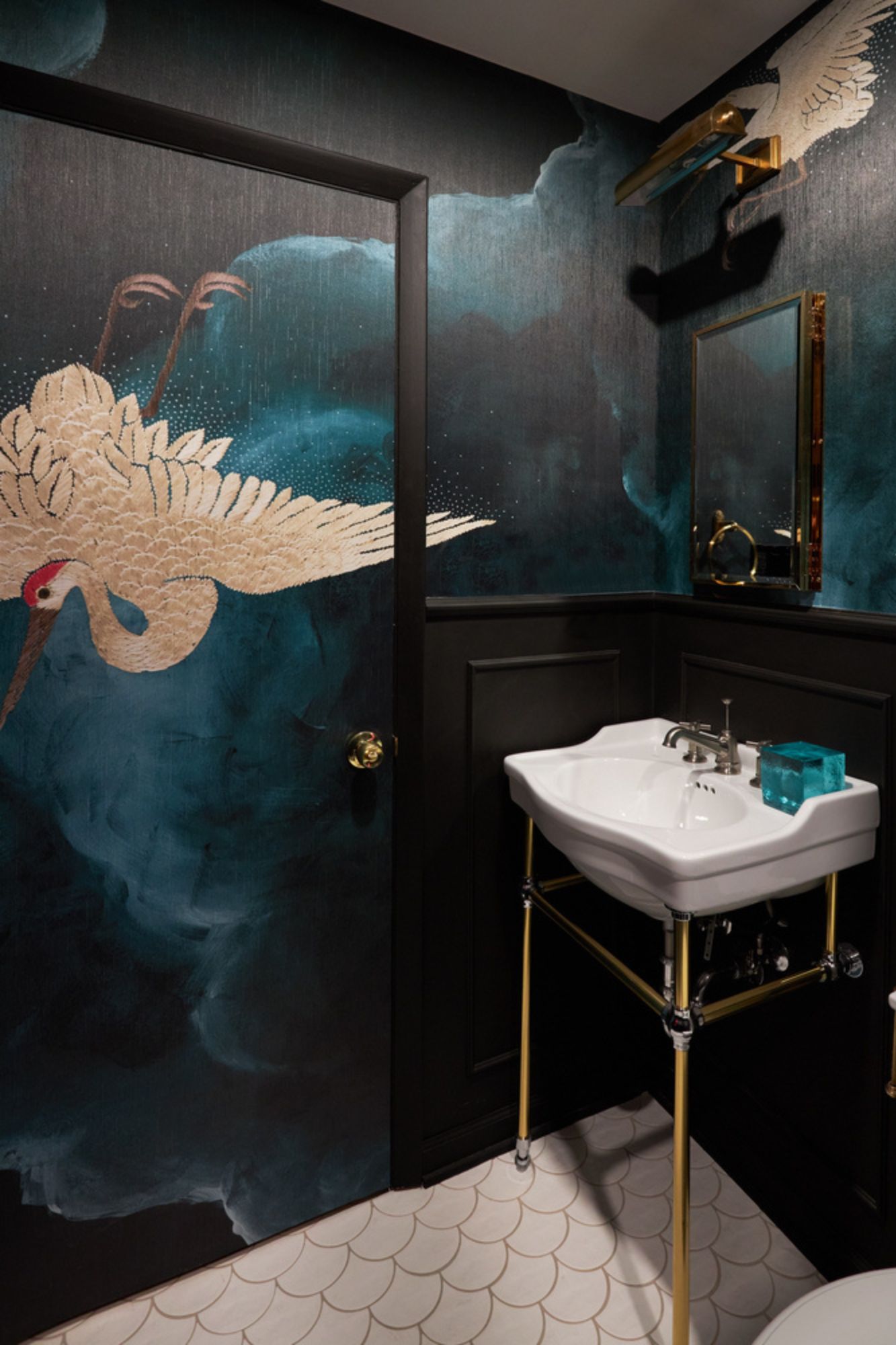 bathroom, A Dark and Chic Bathroom Designed for an Industrial Loft