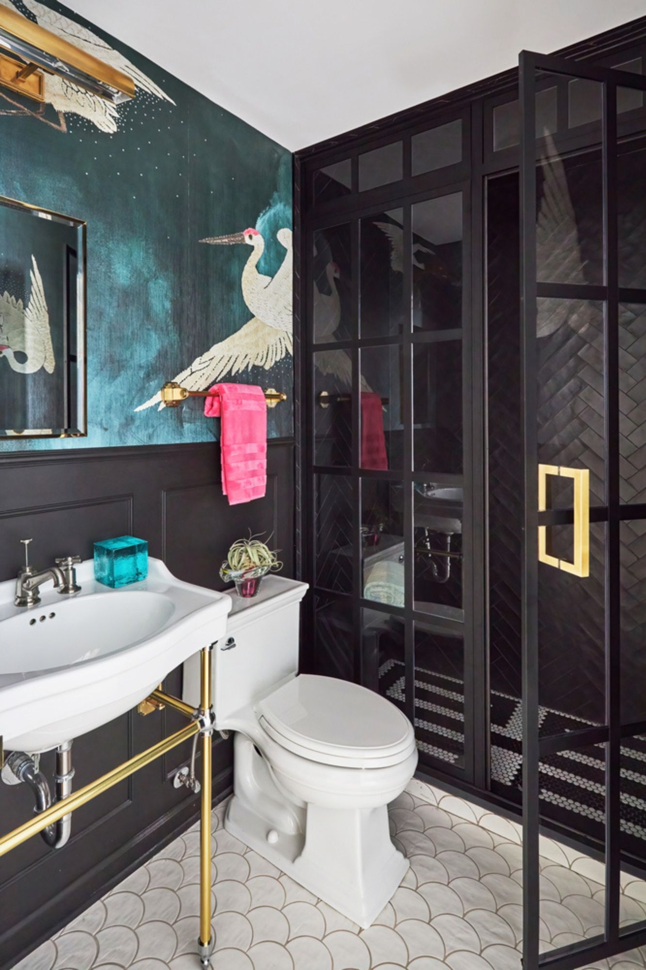 bathroom, A Dark and Chic Bathroom Designed for an Industrial Loft